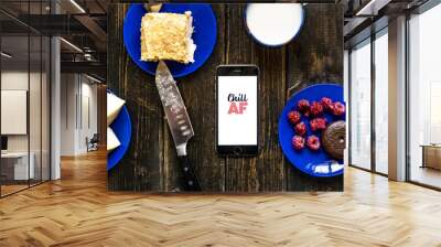 chill af text on phone design flat lay food for breakfast on wooden surface table concept f Wall mural