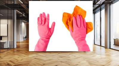 close up persons hand in protective glove hold clean supply on white surface isolated. housekeeping concept b Wall mural