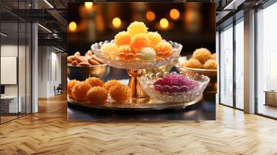 Diwali  ladoos, jalebis, and namkeen, beautifully arranged on plates ai generated art Wall mural