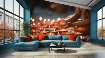 Diya Lighting: Close-up shots of hands lighting diyas, creating a warm and inviting ambiance ai generated art  Wall mural