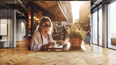 fashion woman in working remote on laptop in public place at daytime ai generated art Wall mural