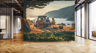 group of friends enjoying picnic surrounded by beautiful lake and tree nature ai generated art Wall mural