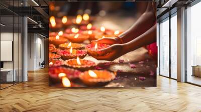 hands lighting diyas, creating a warm and inviting ambiance ai generated art  Wall mural