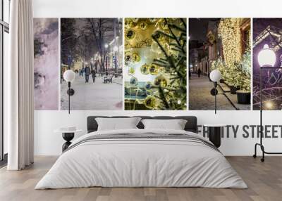 night winter city holidays collage concept design with rectangle photos  f Wall mural