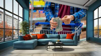 person in a grocery store, hands count the money currency Wall mural