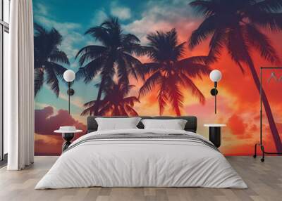 Sunset palm colourful background ai generated art Wall mural