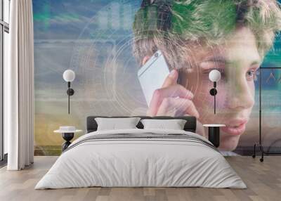 young man communicating via futuristic phone, virtual network hologram b Wall mural