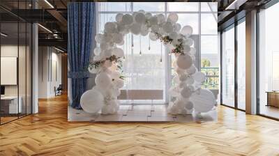 an arch of white balloons .
festive decor for the wedding.
decor of balloons and lights.
wedding background Wall mural