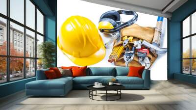 helmet earphones and toolbelt with construction tools isolated on white Wall mural