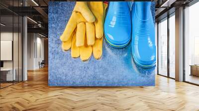 Protective rubber boots leather gloves on metallic background ga Wall mural