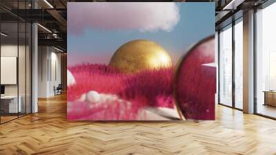 abstract landscape composition with bronze sphere and a marble cube, with cloud above the field., ultra wide Wall mural