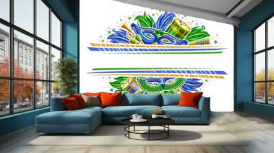 Vector Border for Brazil Carnival with copy space, horizontal invitation with illustration of carnival symbols, musical instruments, blue and green decorative feathers for carnival in Rio de Janeiro Wall mural