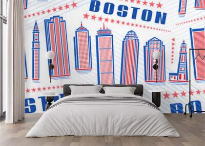 Vector Boston Seamless Pattern, repeating background with illustration of red famous boston city scape on white background for wrapping paper, decorative line art urban poster with blue text boston Wall mural