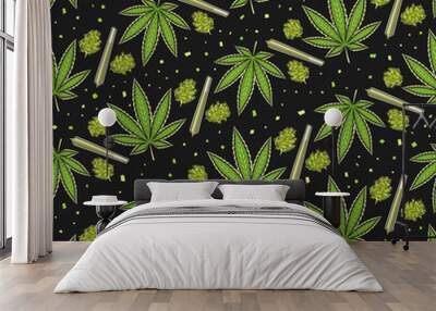 Vector Cannabis Seamless Pattern, square repeating background of cannabis leaves, medicinal marijuana buds, decorative poster with cut out illustrations of recreational cannabis on dark background. Wall mural