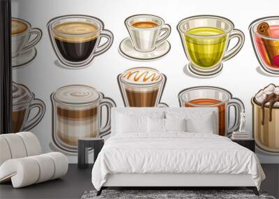 Vector Coffee and Tea set, lot collection of different cut out illustrations of porcelain coffee cup, clear mug with hot dark beverage, whipped cappuccino, tall glass with layered sweet coffee drink Wall mural