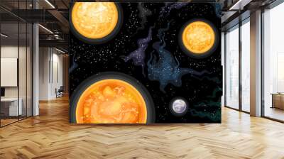 Vector illustration of Alpha Centauri Stellar System, astronomical horizontal poster with cartoon design triple-star fantasy system in deep space, decorative cosmic print on starry space background Wall mural