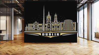 Vector illustration of Dublin, black horizontal poster with linear design famous dublin city scape on dusk sky background, european urban line art concept with decorative lettering for word dublin Wall mural