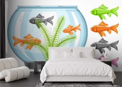 Vector illustration of Fish Tank, aquarium with swimming goldfishes and seaweed, set of cut out multicolored aquarium fishes on white background. Wall mural