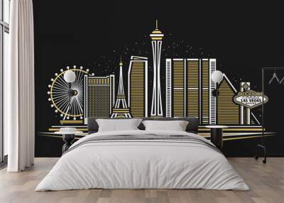 Vector illustration of Las Vegas, horizontal poster with simple design buildings and outline landmarks, urban concept with modern city scape and decorative font for words las vegas on dark background. Wall mural