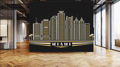 Vector illustration of Miami, horizontal poster with outline design illuminated miami city scape, american urban line art concept with decorative lettering for word miami on dark dusk background. Wall mural