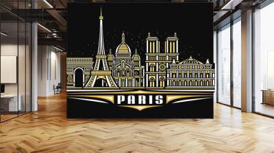 Vector illustration of Paris, black horizontal poster with linear design illuminated paris city scape, european urban line art concept with decorative lettering for word paris on dark background. Wall mural