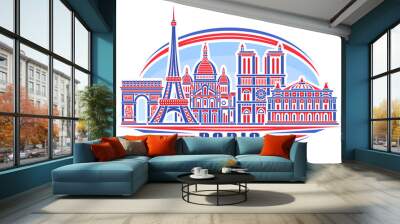 Vector illustration of Paris, horizontal poster with linear design famous paris city scape on day sky background, historic urban line art concept with decorative lettering for blue word paris on white Wall mural