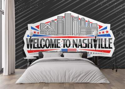 Vector logo for Nashville, white decorative label with illustration of panoramic nashville city scape on day sky background, line art design refrigerator magnet with black words welcome to nashville Wall mural