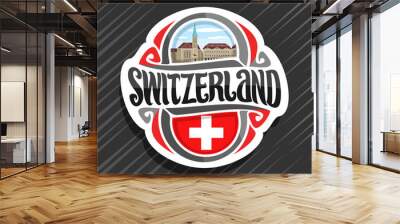 Vector logo for Switzerland country, fridge magnet with swiss flag, original brush typeface for word switzerland and national swiss symbol - Fraumunster church in Zurich on cloudy sky  background. Wall mural