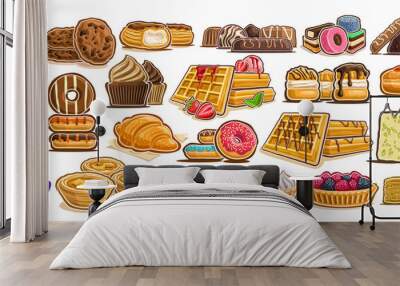 Vector Set of assorted Desserts, lot collection of 23 isolated illustrations of delicacy cakes and gastronomy delicious desserts, group of many cut out diverse baked goods for cafe or restaurant menu. Wall mural