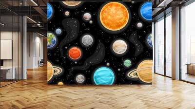 Vector Space Seamless Pattern, square repeat background with illustration of variety planets and stars for wrapping paper or bed linen design, decorative cosmo cover with black starry space background Wall mural