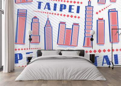 Vector Taipei Seamless Pattern, square repeat background with illustration of famous modern taipei city scape on white background for wrapping paper, decorative line art urban poster with text taipei Wall mural