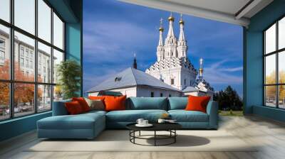 Ancient white stone orthodox church with golden domes in Vyazemsky Ioanno-Predtechensky Monastery Wall mural