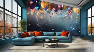 View of background with lights colorful confetti and balloons on stage Wall mural