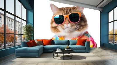 Portrait of scottish cat portrait dressed in hawaiian shirt and orange pink fades sunglasses on transparent background Wall mural