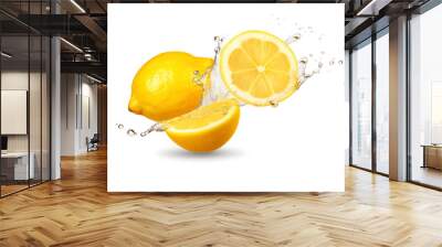 Three fresh whole lemon and two cut half with water splash isolated on white background Wall mural