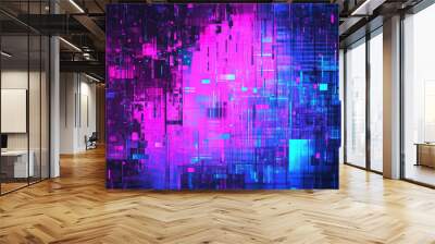 A futuristic abstract digital artwork featuring vibrant purple and pink hues with structured patterns, encapsulating a bold and dynamic visual experience. Wall mural