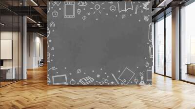 Back to school. Abstract blackboard. Background with school supplies. Elements are drawn in a linear style. Black and white illustration Wall mural