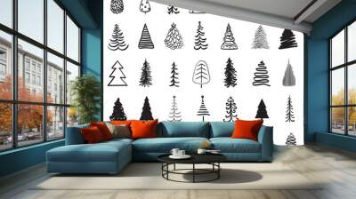 christmas trees on white. black and white illustration Wall mural