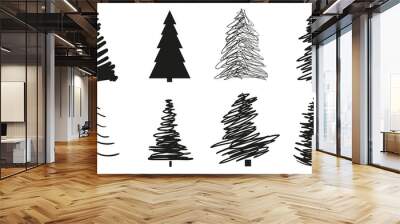 Christmas trees on white. Set for icons on isolated background. Geometric art. Objects for polygraphy, posters, t-shirts and textiles. Black and white illustration Wall mural