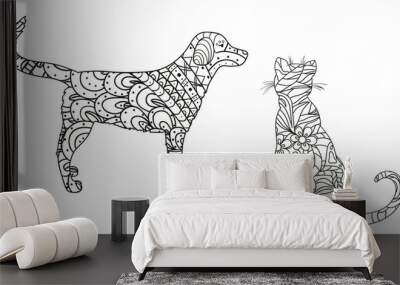 Dog and cat on white. Hand drawn animals with abstract patterns on isolation background. Design for spiritual relaxation for adults. Black and white illustration for coloring. Zen art Wall mural