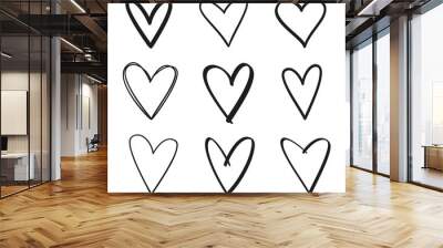 Hand drawn grunge hearts on isolated white background. Set of love signs. Unique image for design. Black and white illustration. Sketchy elements for design Wall mural