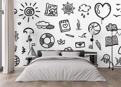 Hand drawn summer holiday elements. Freehand signs and symbols. Vacation trip Wall mural