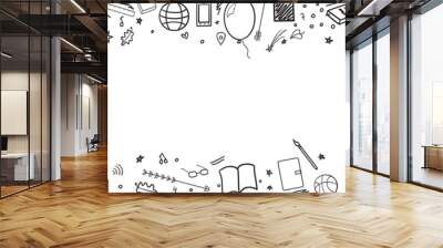 Pattern with school supplies. Back to school. Hand drawn infographic elements. Black and white illustration Wall mural