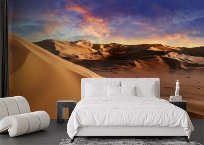 Panorama of sand dunes Sahara Desert at sunset. Endless dunes of yellow sand. Desert landscape Waves sand nature Wall mural