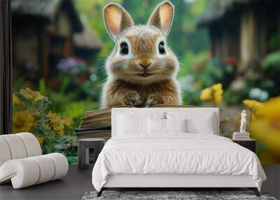 A curious rabbit sits cheerfully beside an open book, surrounded by bright yellow flowers in a lush garden, exuding a joyful and serene atmosphere Wall mural