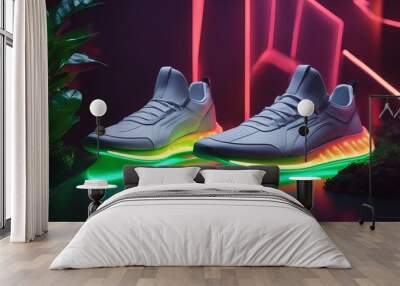 Futuristic sports shoes with colorful neon glowing made of biodegradable materials Wall mural