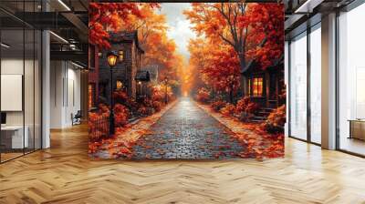 Golden leaves blanket the cobblestone road, creating a warm, inviting atmosphere. Cozy homes with glowing windows line the path, offering a peaceful retreat during a beautiful autumn evening Wall mural