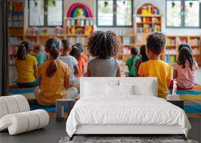 Group of small nursery school children sitting and listening to teacher on floor indoors in classroom, their eyes following her every move as she demonstrates a simple science experiment. Wall mural