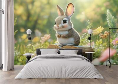 In a sunlit meadow filled with blooming flowers, a cute rabbit perches on a stack of colorful books. The warm light enhances the serene atmosphere, creating a sense of wonder and joy Wall mural