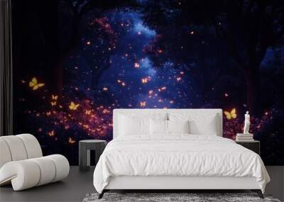 Night magic forest with glowing fireflies and butterflies lighting up the foliage, transforming the forest into a fairy-tale wonderland. Wall mural